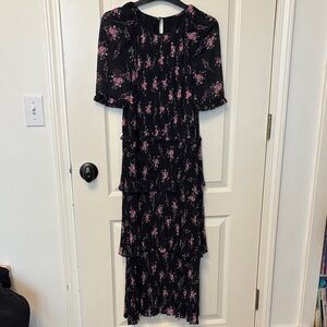 Monique Lhuillier Black and Pink Floral Maxi Dress SZ 2